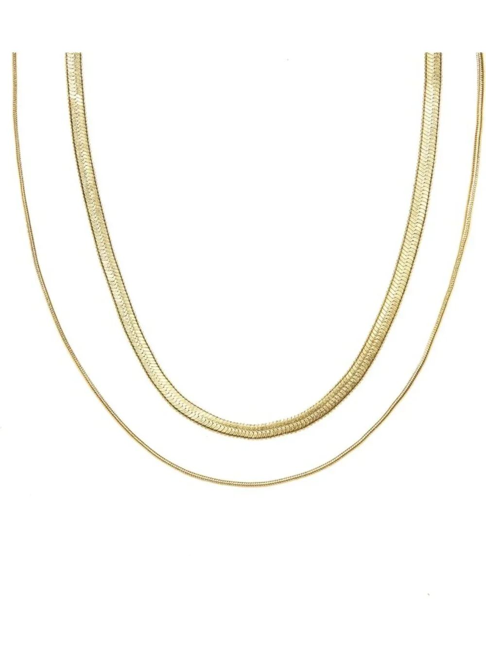 18K Gold Plated Double Herringbone Chain Necklace - Minimalist Layering Jewelry